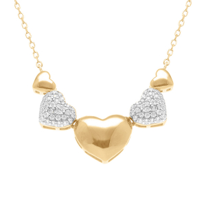 COLLIER ARGENT DORÉ COEURS BOMBÉS LISSES ET OXYDES BLANCS SERTIS 38+5CM