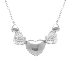 COLLIER ARGENT RHODIÉ COEURS BOMBÉS LISSES ET OXYDES BLANCS SERTIS 38+5CM