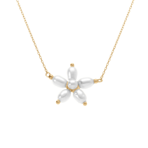 COLLIER ARGENT DORÉ FLEUR PERLE BLANCHE IMITATION 38+5CM