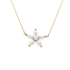 COLLIER ARGENT DORÉ FLEUR PERLE BLANCHE IMITATION 38+5CM