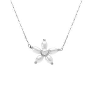 COLLIER ARGENT RHODIÉ FLEUR PERLE BLANCHE IMITATION 38+5CM
