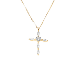 COLLIER ARGENT DORÉ PENDENTIF CROIX 20 X 13MM OXYDES BLANCS SERTIS 38+5CM