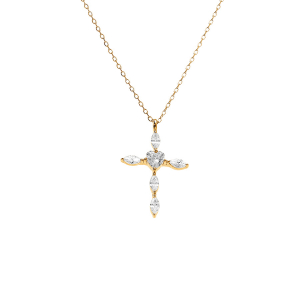 COLLIER ARGENT DORÉ PENDENTIF CROIX 20 X 13MM OXYDES BLANCS SERTIS 38+5CM