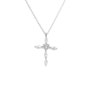 COLLIER ARGENT RHODIÉ PENDENTIF CROIX 20 X 13MM OXYDES BLANCS SERTIS 38+5CM