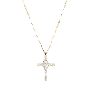 COLLIER ARGENT DORÉ PENDENTIF CROIX 18 X 12MM OXYDES BLANCS SERTIS 38+5CM