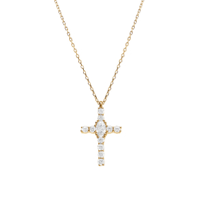 COLLIER ARGENT DORÉ PENDENTIF CROIX 18 X 12MM OXYDES BLANCS SERTIS 38+5CM