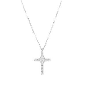 COLLIER ARGENT RHODIÉ PENDENTIF CROIX 18 X 12MM OXYDES BLANCS SERTIS 38+5CM