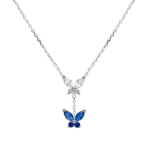 COLLIER ARGENT RHODIÉ 2 PAPILLONS OXYDES BLANC ET BLEU FONCÉ SERTIS 38+5CM