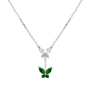 COLLIER ARGENT RHODIÉ 2 PAPILLONS OXYDES BLANC ET VERT SERTIS 38+5CM