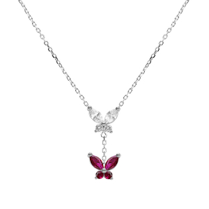 COLLIER ARGENT RHODIÉ 2 PAPILLONS OXYDES BLANC ET FUSHIA SERTIS 38+5CM