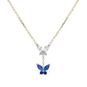 COLLIER ARGENT DORE 2 PAPILLONS OXYDES BLANC ET BLEU FONCÉ SERTIS 38+5CM