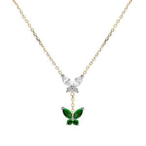 COLLIER ARGENT DORE 2 PAPILLONS OXYDES BLANC ET VERT FONCÉ SERTIS 38+5CM