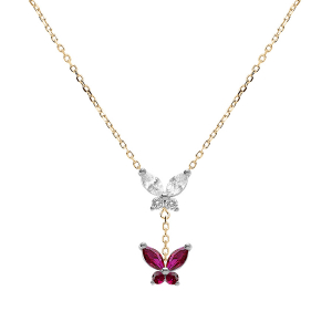 COLLIER ARGENT DORE 2 PAPILLONS OXYDES BLANC ET FUSHIA SERTIS 38+5CM