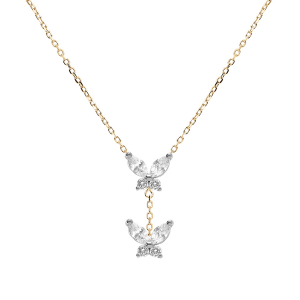 COLLIER ARGENT DORE 2 PAPILLONS OXYDES BLANCS SERTIS 38+5CM
