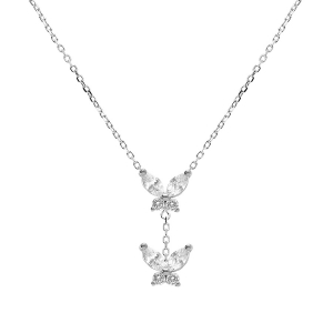 COLLIER ARGENT RHODIÉ 2 PAPILLONS OXYDES BLANCS SERTIS 38+5CM