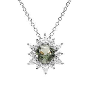COLLIER ARGENT RHODIÉ FLEUR OXYDE VERT ET CONTOUR OXYDES BLANCS 42+3CM