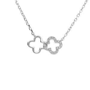 COLLIER ARGENT RHODIÉ PENDENTIF DOUBLE FLEUR OYYDES BLANCS SERTIS 40+4CM