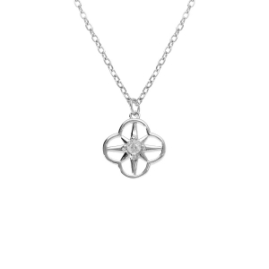 COLLIER ARGENT RHODIÉ PENDENTIF FLEUR OYYDE BLANC SERTI 40+4CM