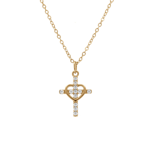 COLLIER ARGENT DORÉ COEUR AVEC CROIX OXYDES BLANCS 38+5CM