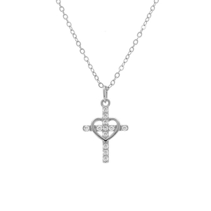 COLLIER ARGENT RJHODIE COEUR AVEC CROIX OXYDES BLANCS  38+5CM