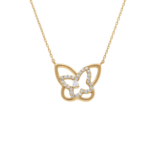 COLLIER ARGENT DORÉ PAPILLONS AVEC OXYDES BLANCS 38+5CM