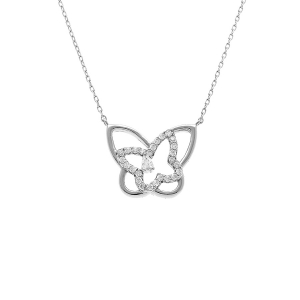 COLLIER ARGENT RHODIÉ PAPILLONS AVEC OXYDES BLANCS 38+5CM