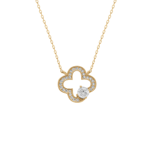 COLLIER ARGENT DORÉ  TREFLE CONTOUR OXYDES BLANCS  38+5CM
