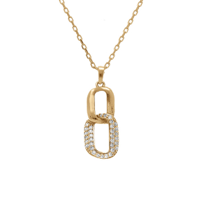 COLLIER ARGENT DORÉ PENDANT 2 ELEMENTS ENTREMÉLÉ 1 LISSE ET 1 CONTOUR OXYDES BLANCS