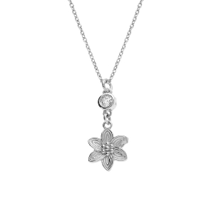 COLLIER ARGENT RHODIÉ PENDENTIF FLEUR 1 OXYDE BLANC SERTI  40+5CM