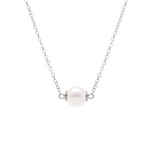 COLLIER ARGENT RHODIÉ PERLE BLANCHE IMITATION 8MM 40+5CM