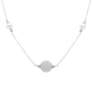 COLLIER ARGENT RHODIÉ BOULES GIVRÉES ET PERLES BLANCHES 38+5CM