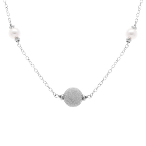 COLLIER ARGENT RHODIÉ BOULES GIVRÉES ET PERLES BLANCHES 38+5CM