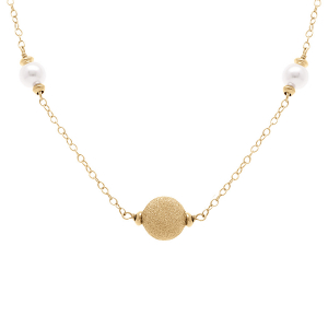 COLLIER ARGENT DORÉ BOULES GIVRÉES ET PERLES BLANCHES 38+5CM