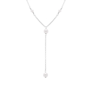 COLLIER ARGENT RHODIÉ FORME CRAVATE PERLES BLANCHES IMITATION 38+5CM