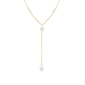 COLLIER ARGENT DORÉ FORME CRAVATE PERLES BLANCHES IMITATION 38+5CM