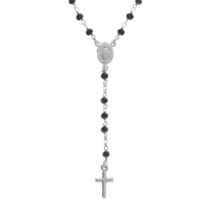 COLLIER ARGENT RHODIÉ CHAPELET BOULES FACETÉES SPINELLE NOIRES 45+5CM