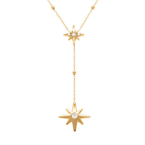 COLLIER ARGENT DORÉ FORME CRAVATE ETOILE DU NORD OXYDES BLANCS SERTIS  39+4CM