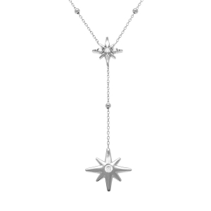 COLLIER ARGENT RHODIÉ FORME CRAVATE ETOILE DU NORD OXYDES BLANCS SERTIS  39+4CM