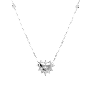 COLLIER ARGENT RHODIÉ PENDENTIF COEUR AVEC ETOILE DU NORD CONTOUR OXYDES BLANCS SERTIS 42+3CM