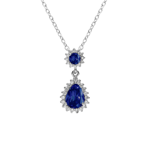 COLLIER ARGENT RHODIÉ PENDENTIF GOUTTE OXYDES BLEU ET CONTOUR OXYDES BLANCS SERTIS 42+3CM