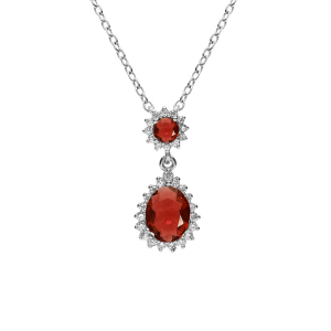 COLLIER ARGENT RHODIÉ PENDENTIF GOUTTE OXYDES ROUGE ET CONTOUR OXYDES BLANCS SERTIS 42+3CM