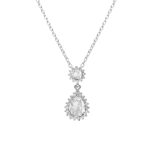 COLLIER ARGENT RHODIÉ PENDENTIF GOUTTE OXYDES BLANCS ET CONTOUR OXYDES BLANCS SERTIS 42+3CM
