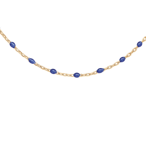 COLLIER ARGENT ET DORURE JAUNE OLIVES RÉSINE BLEU FONCÉ 40+5CM