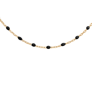 COLLIER ARGENT ET DORURE JAUNE OLIVES RÉSINE NOIRE 40+5CM