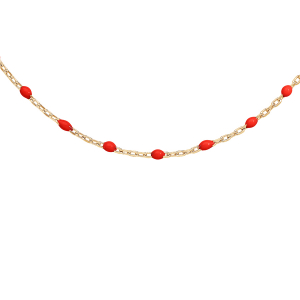 COLLIER ARGENT ET DORURE JAUNE OLIVES RÉSINE ROUGE 40+5CM