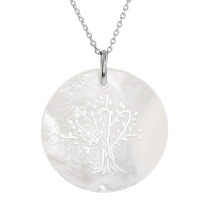 COLLIER ARGENT RHODIÉ CERCLE NACRE BLANCHE ARBRE DE VIE  41,5+3CM