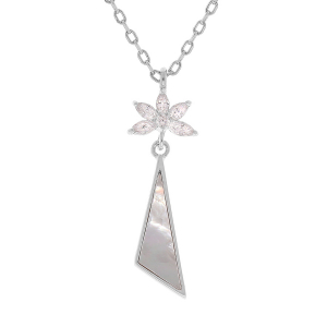 COLLIER ARGENT RHODIÉ PENDENTIF NACRE VÉRITABLE ET OXYDES BLANCS SERTIS 43CM REGL 41 ET 39CM
