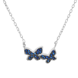 COLLIER ARGENT RHODIÉ 2 PAPILLONS OXYDES BLEU FONCE 42+3CM
