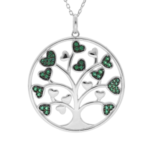 COLLIER ARGENT RHODIÉ MASSIF ARBRE DE VIE 30MM AVEC COEURS OXYDES VERTS 44,5+4,5CM