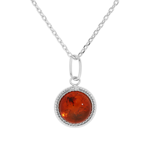 COLLIER ARGENT RHODIÉ PENDENTIF PUCE 8MM AMBRE VÉRITABLE 40+5CM